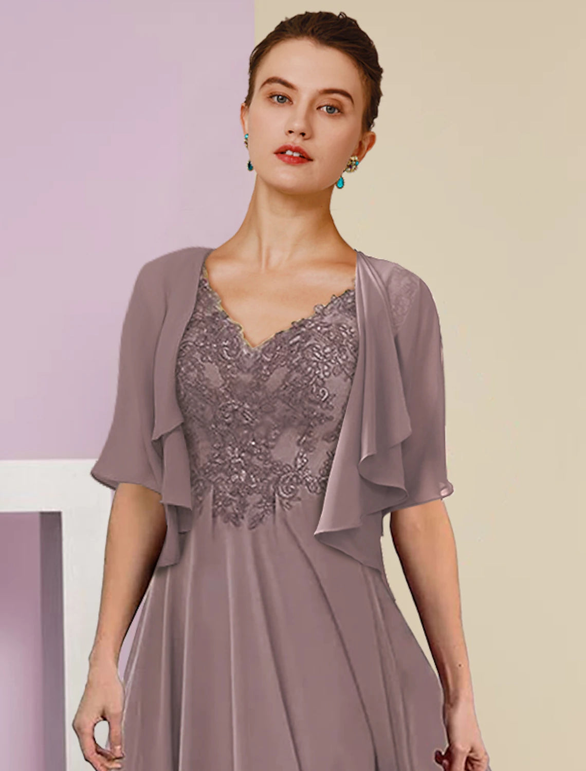 Two Piece A-Line Mother of the Bride Dress Formal Wedding Guest Elegant V Neck Chiffon Lace Short Sleeve Jacket Dresses with Pleats Appliques