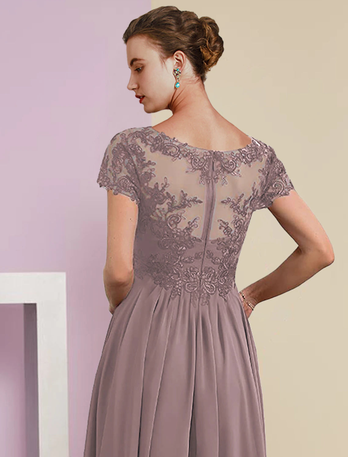 Two Piece A-Line Mother of the Bride Dress Formal Wedding Guest Elegant V Neck Chiffon Lace Short Sleeve Jacket Dresses with Pleats Appliques