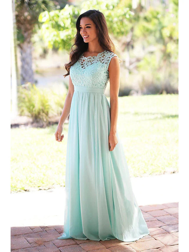 A-Line Jewel Neck Floor Length Chiffon Lace Bridesmaid Dress with Sash Ribbon Pleats