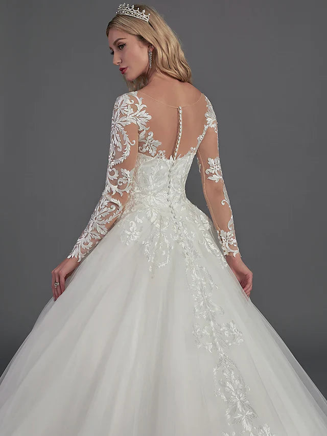 Ball Gown Wedding Dresses Illusion Neck Chapel Train Lace Tulle Long Sleeve Glamorous See-Through Illusion Detail with Buttons Appliques