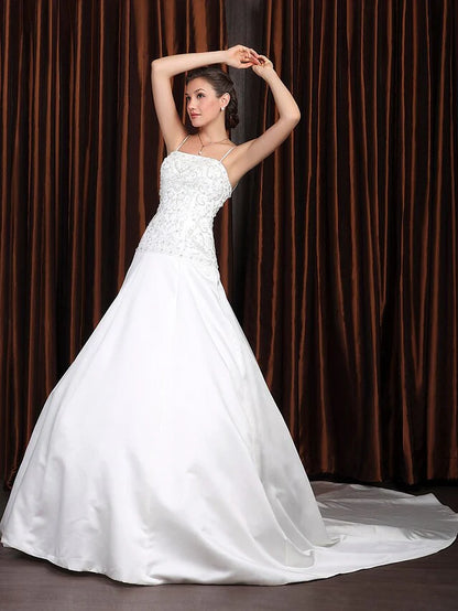 A-Line Wedding Dresses Square Neck Cathedral Train Satin Half Sleeve Vintage Separate Bodies with Beading Appliques