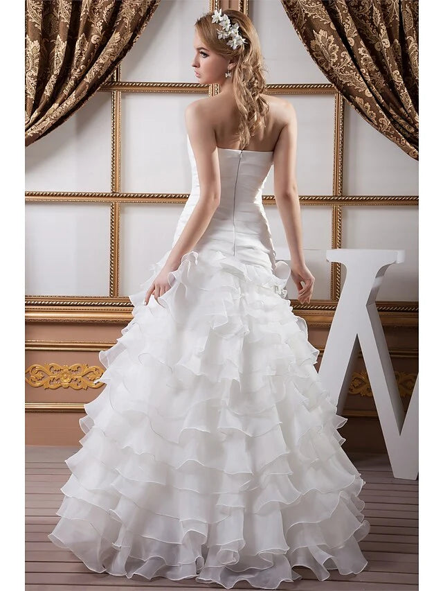 A-Line Wedding Dresses Strapless Floor Length Organza Satin Strapless with Ruched Cascading Ruffles