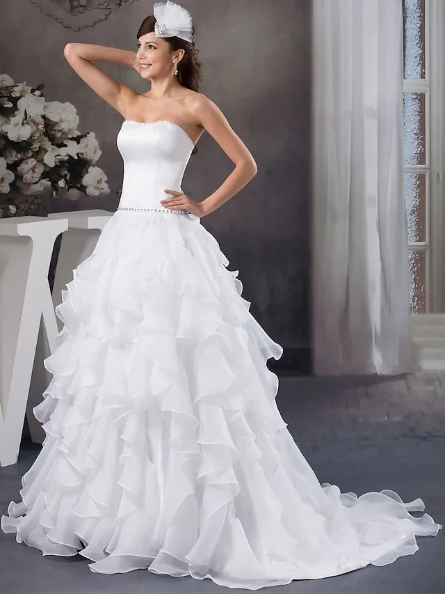 A-Line Wedding Dresses Strapless Court Train Organza Satin Strapless with Beading Cascading Ruffles