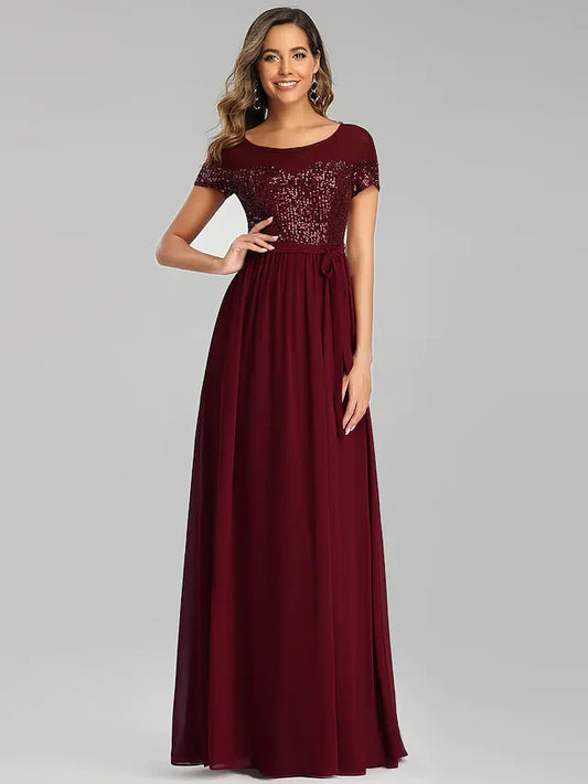 A-Line Jewel Neck Floor Length Chiffon Bridesmaid Dress with Sash Ribbon Sequin Sparkle & Shine