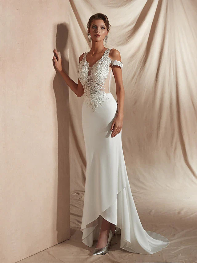 Mermaid Trumpet Wedding Dresses V Neck Asymmetrical Matte Satin Short Sleeve Casual Sexy Illusion Detail Modern with Appliques