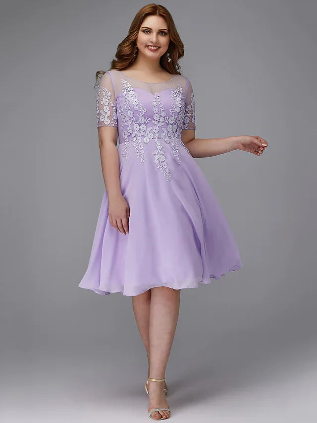 A-Line Plus Size Homecoming Cocktail Party Dress Illusion Neck Short Sleeve Knee Length Chiffon Lace with Appliques