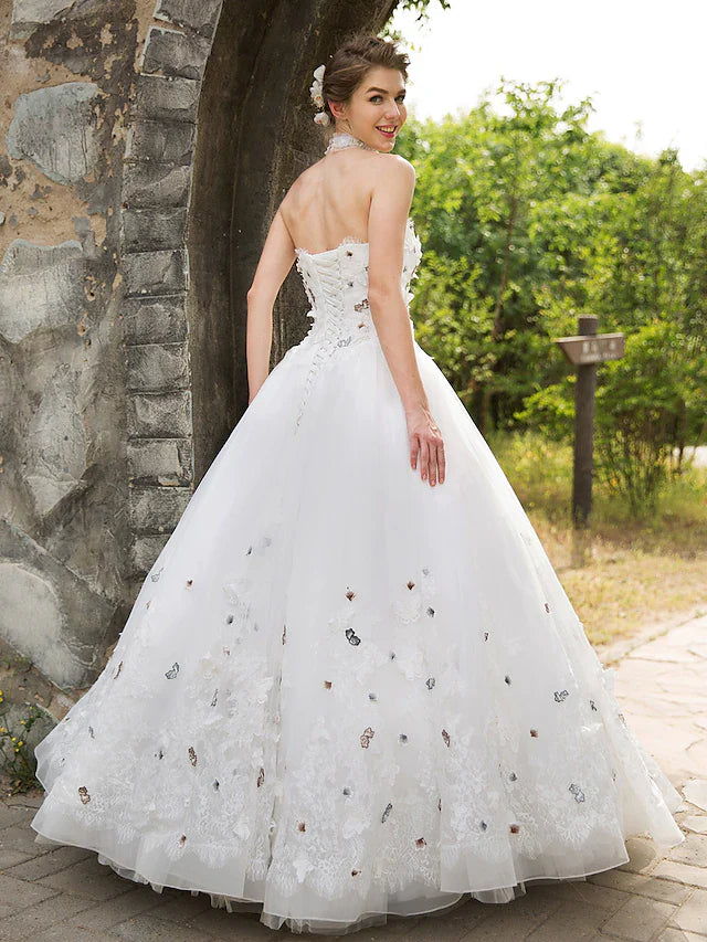 Ball Gown Wedding Dresses Sweetheart Neckline Floor Length Lace Tulle Sleeveless with Lace Appliques Flower