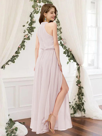 High Neck Floor Length Chiffon Bridesmaid Dress with Pleats Split Front