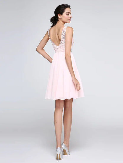 A-Line Hot Graduation Cocktail Party Dress Illusion Neck Sleeveless Short Mini Chiffon Corded Lace with Crystals