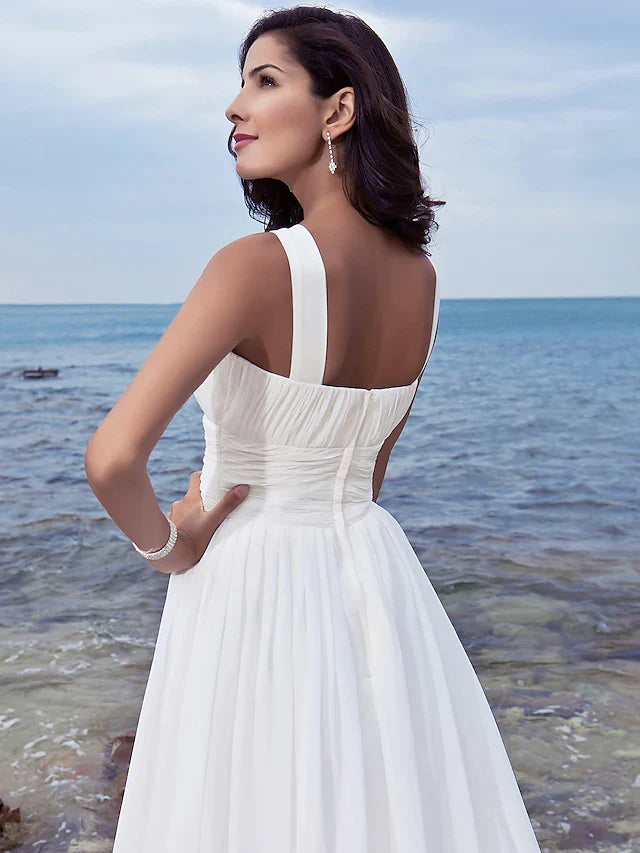 A-Line Wedding Dresses Jewel Neck Chiffon Regular Straps Formal Beach Plus Size with Ruched Draping