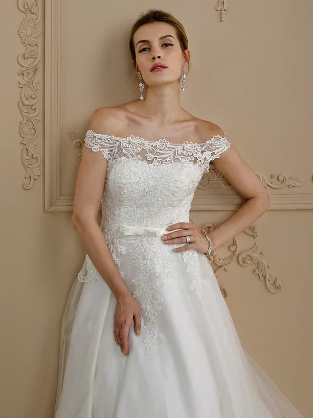 Ball Gown Wedding Dresses Off Shoulder Court Train Lace Tulle Cap Sleeve Country Glamorous See-Through Plus Size Backless with Sashes Ribbons Bow(s) Buttons