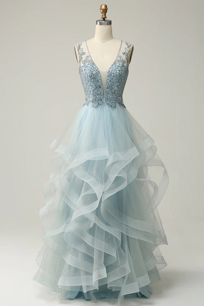 A Line Low V Neck Tulle Layers Long Prom Dress with Appliques Beautiful
