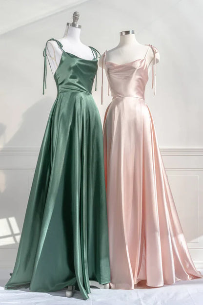 Green Straps Satin A-Line Long Party Dress Bridesmaid Dress Simple Formal Dress