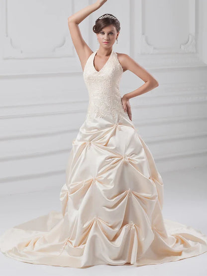 A-Line Wedding Dresses Halter Neck Chapel Train Lace Satin Regular Straps with Pick Up Skirt Beading Appliques