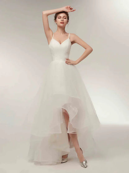 A-Line  Evening Dress  Wedding Dresses V Neck Asymmetrical Tulle Spaghetti Strap Simple Casual Little White Dress with Side-Draped