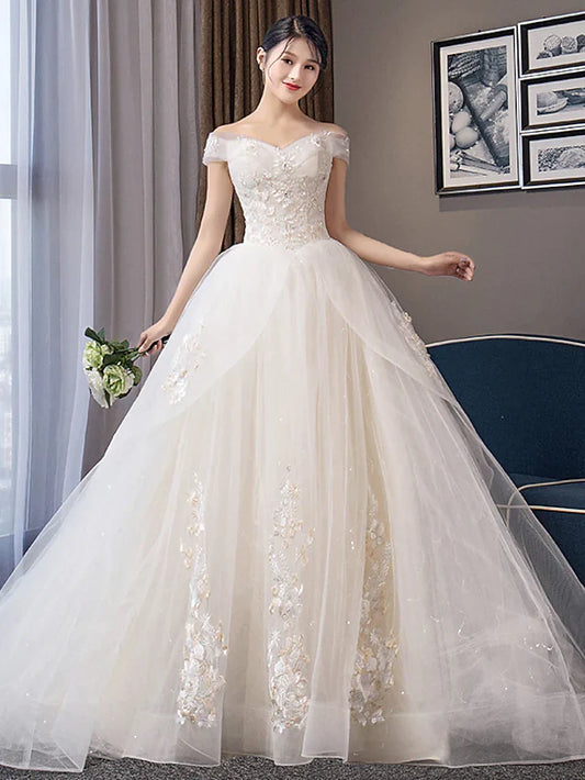 Ball Gown Wedding Dresses Off Shoulder Chapel Train Organza Cap Sleeve Formal Elegant with Crystals Appliques