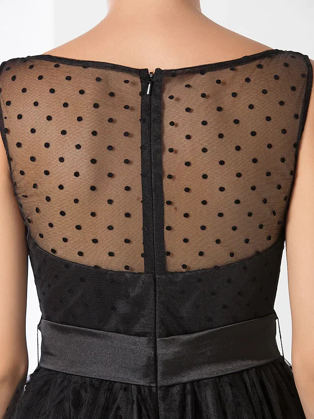 A-Line Vintage Wedding Guest Black Cocktail Party Dress Illusion Neck Sleeveless Tea Length Tulle with Pattern Print