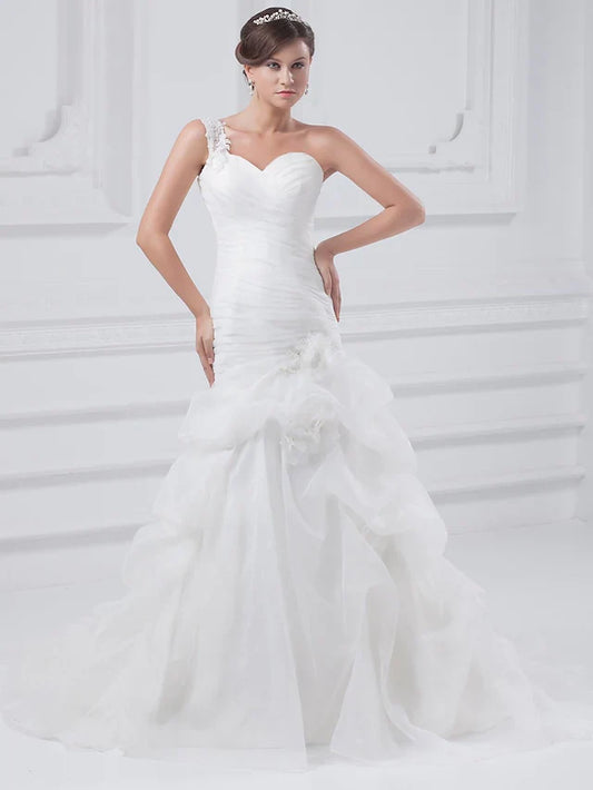 A-Line Wedding Dresses One Shoulder Court Train Organza Satin Spaghetti Strap with Pick Up Skirt Ruched Appliques