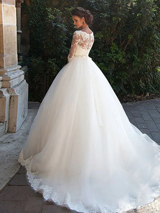 A-Line Wedding Dresses Off Shoulder Court Train Lace Tulle Length Sleeve Formal Sexy Illusion Sleeve with Appliques