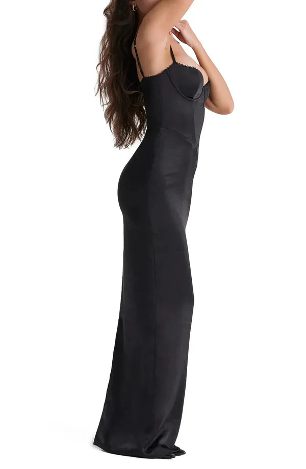 Elegant slim shoulder strap off shoulder tight corset satin backless and ground length prom dress Evening Dress