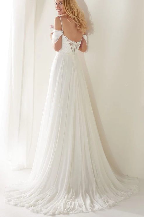 A-Line Spaghetti Straps Off-the-Shoulder Sweep Train Wedding Dress Beautiful