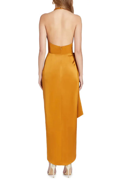 Off shoulder satin hanging neck sleeveless backless prom dress Party Dress