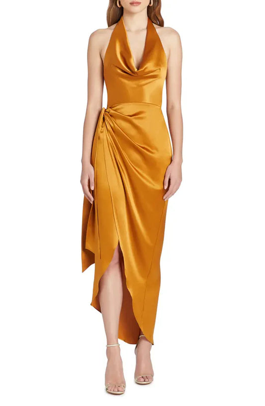 Off shoulder satin hanging neck sleeveless backless prom dress Party Dress