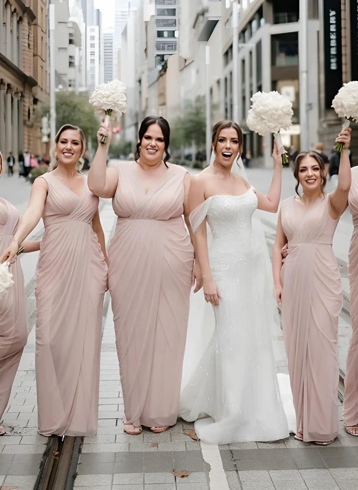 Sheath/Column V-Neck  Long Bridesmaid Dresses