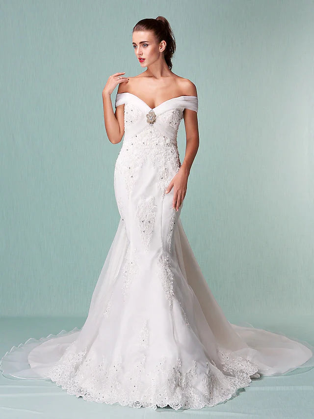 Wedding Dresses Off Shoulder Chapel Train Organza Short Sleeve with Beading Appliques Crystal Floral Pin