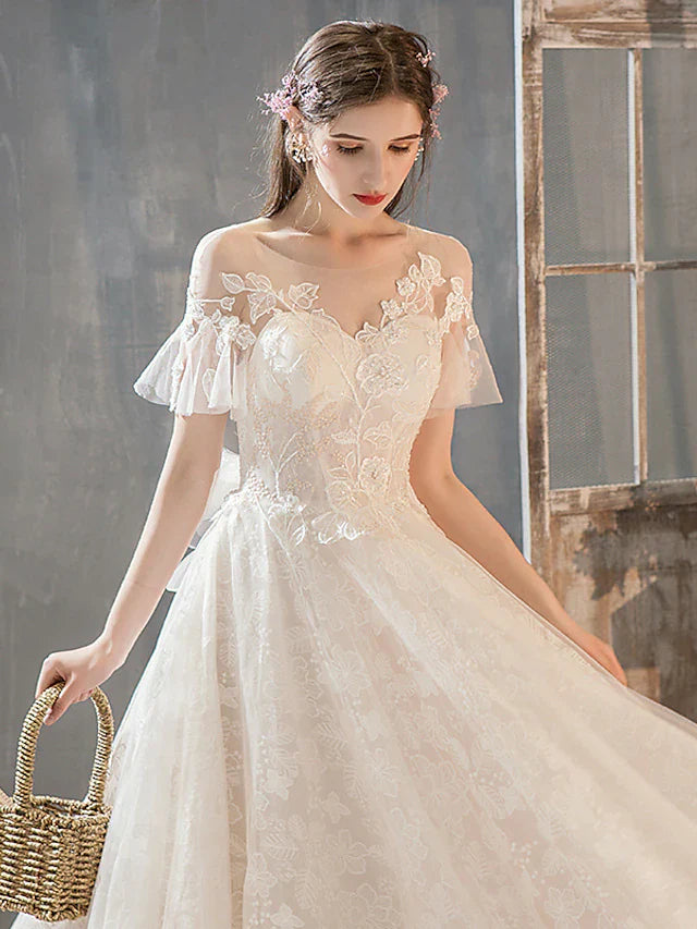 Princess A-Line Wedding Dresses Jewel Neck Court Train Lace Tulle Short Sleeve Romantic with Bow(s) Beading Appliques