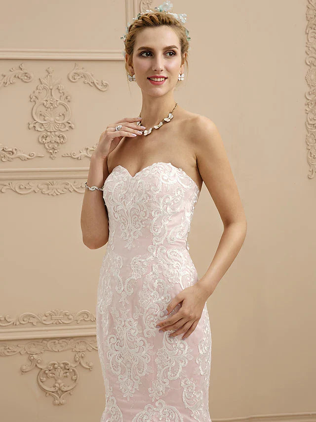 Wedding Dresses Sweetheart Neckline Court Train Lace Strapless Sexy Illusion Detail with Appliques Pink