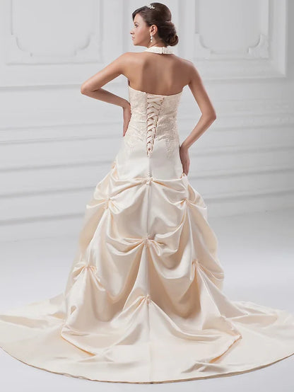 A-Line Wedding Dresses Halter Neck Chapel Train Lace Satin Regular Straps with Pick Up Skirt Beading Appliques