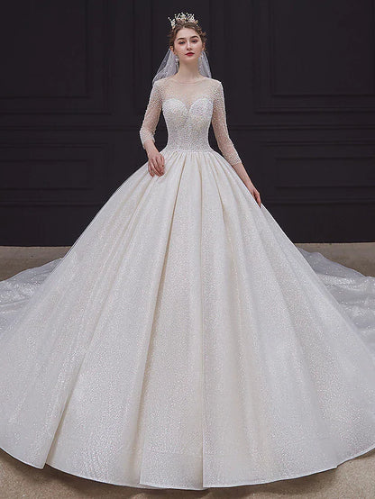 Princess Ball Gown Wedding Dresses Jewel Neck Chapel Train Lace Tulle Sequined Long Sleeve Formal Romantic Luxurious Sparkle & Shine with Beading Sequin