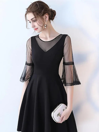 A-Line Minimalist Sexy Engagement Cocktail Party Dress Jewel Neck Half Sleeve Knee Length Tulle with Pleats