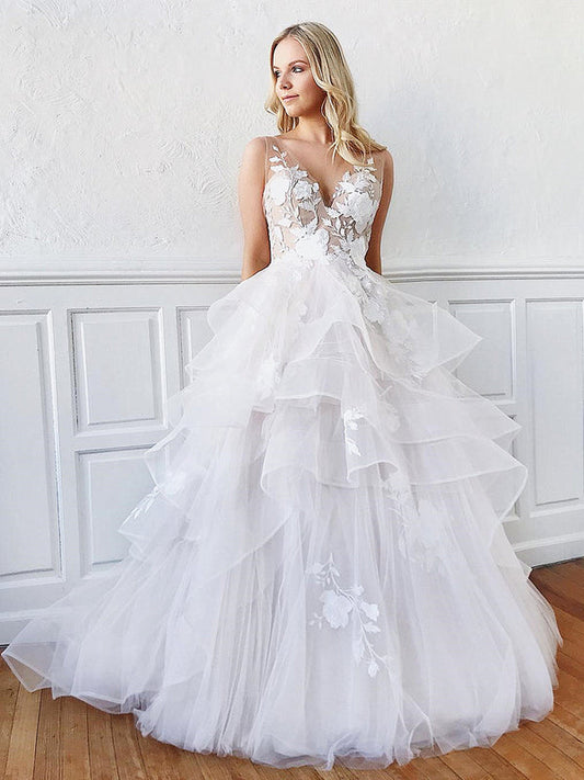 Sleeveless A Line V Neck Backless White Floral Lace Appliques Wedding Dresses Beautiful