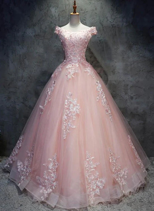 Quinceanera Dresses Princess Dress Lace Tulle Ball Gown Cap Sleeves Sweet 16 Dress Long Formal Dress With Appliques