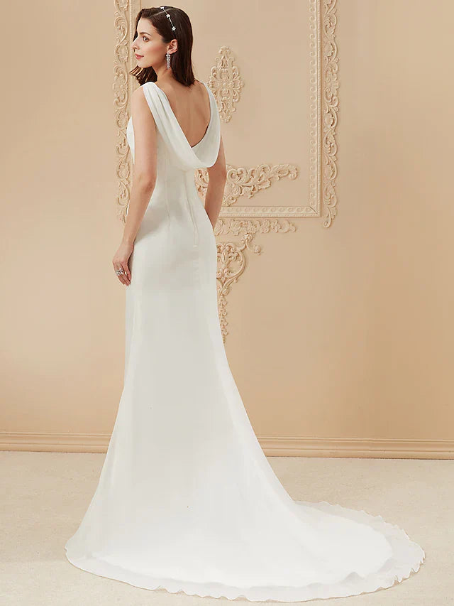 Wedding Dresses V Neck Court Train Chiffon Over Satin Regular Straps Vintage Backless Elegant with Side-Draped
