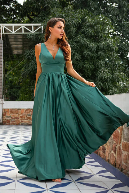 A Line Low  V Neck Long Bridesmaid Dress Party Dresses Formal Dresses