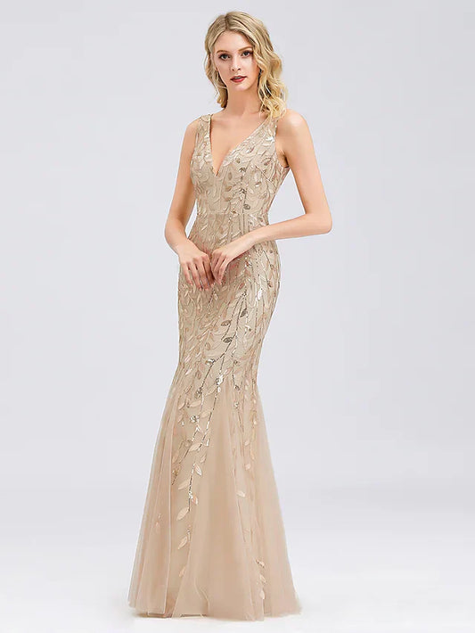 Sparkle Sexy Prom Formal Evening Valentine's Day Dress V Neck Sleeveless Floor Length Tulle Sequined with Sequin Appliques