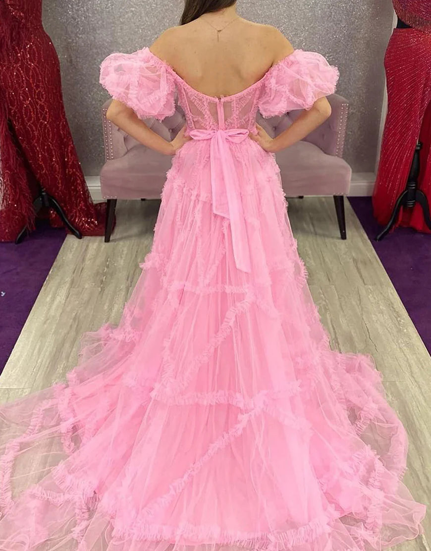 A Line Tulle Sweetheart Cute Prom Dress with Sleeves