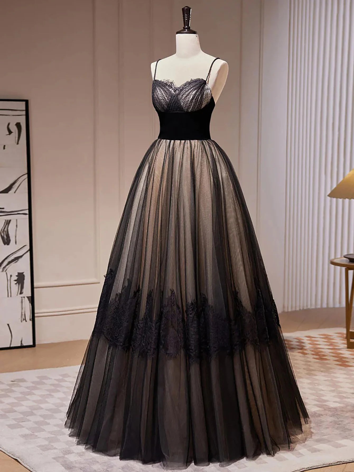 A Line Spaghetti Straps Tulle Long Prom Dress