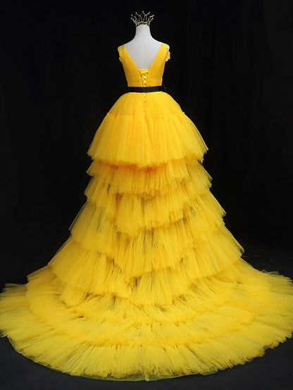 High Low Tulle Sleeveless Prom Dress With Sash Ribbons