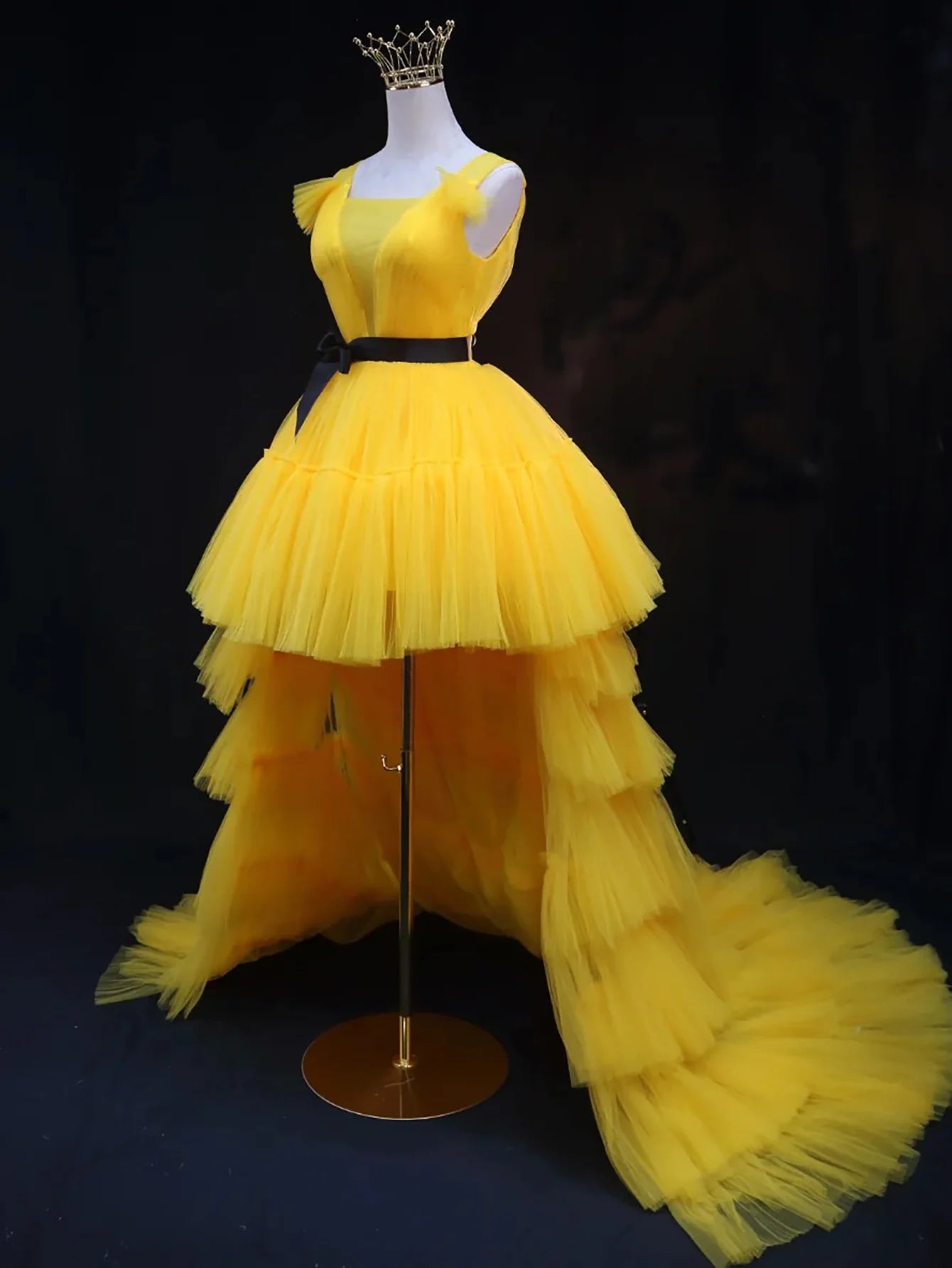 High Low Tulle Sleeveless Prom Dress With Sash Ribbons