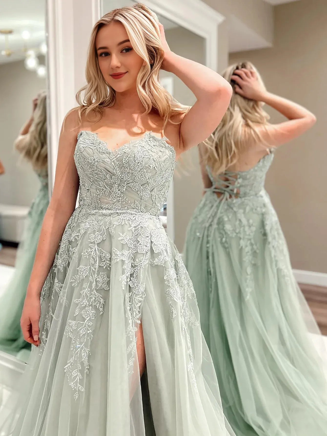 A Line Spaghetti Straps Sweetheart Long Prom Dress With Appliques