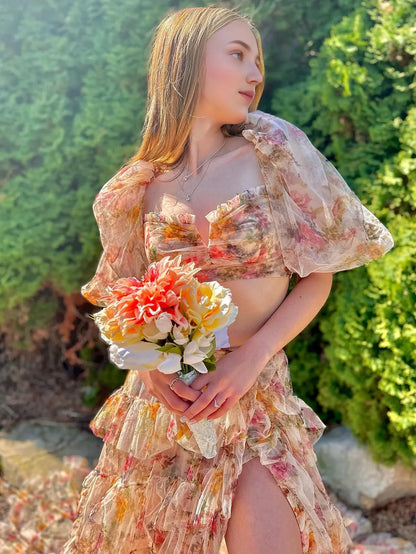 A Line 2 Piece  Square Neck Flower Long Prom Dress