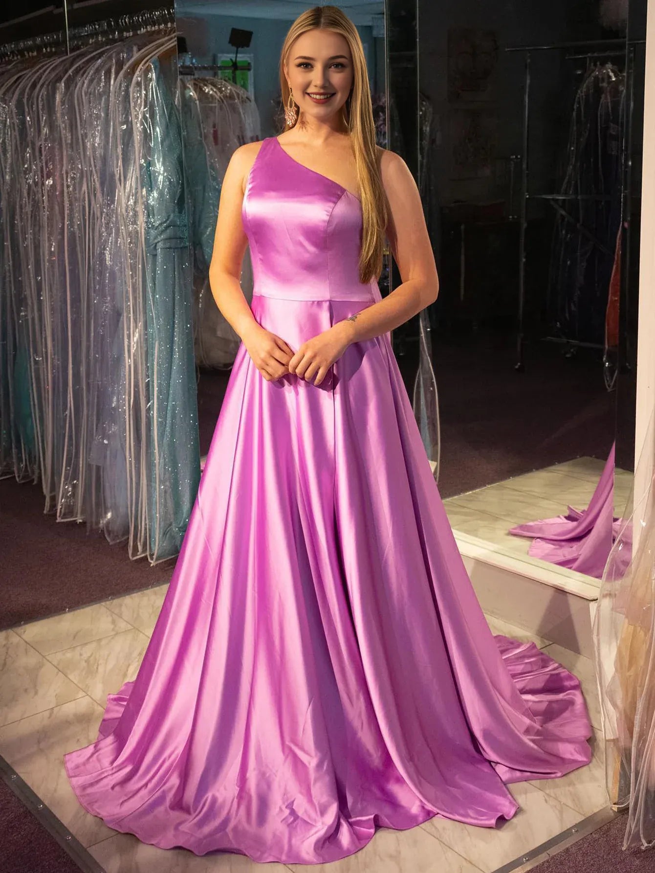 A Line One Shoulder Satin Long Prom Dress