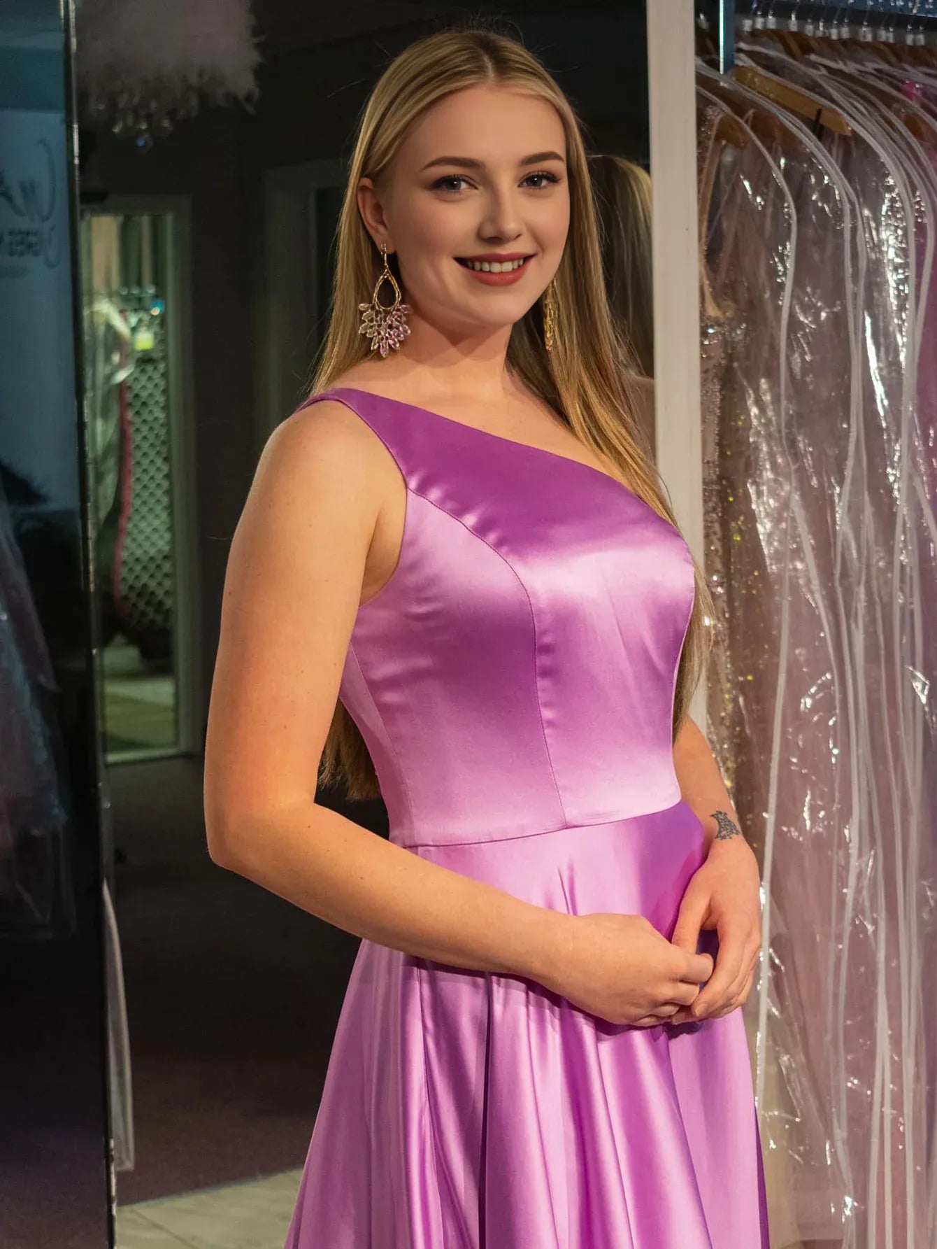 A Line One Shoulder Satin Long Prom Dress