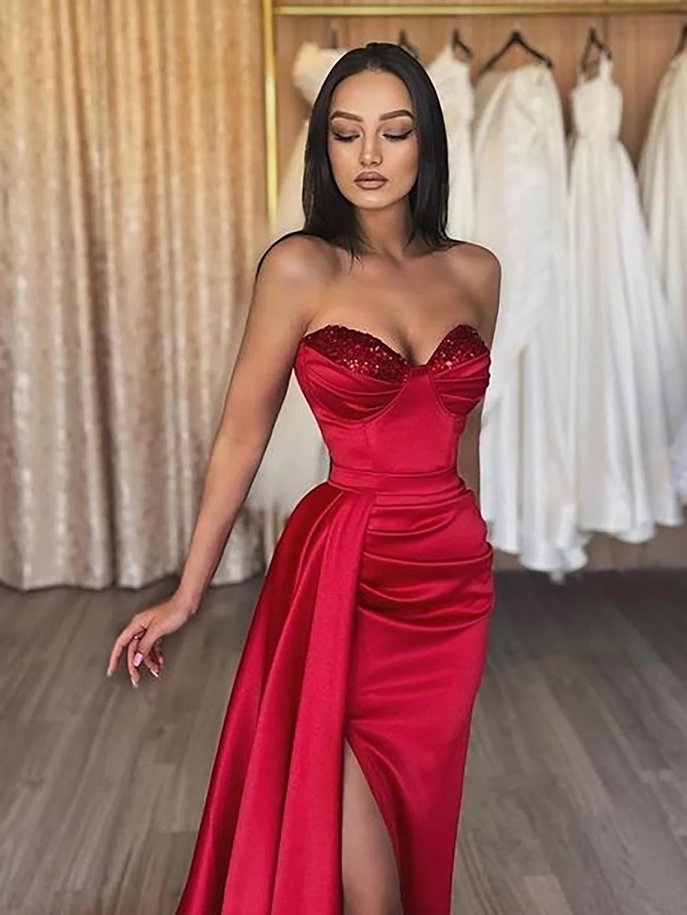 Strapless Sweetheart Satin Long Prom Dress