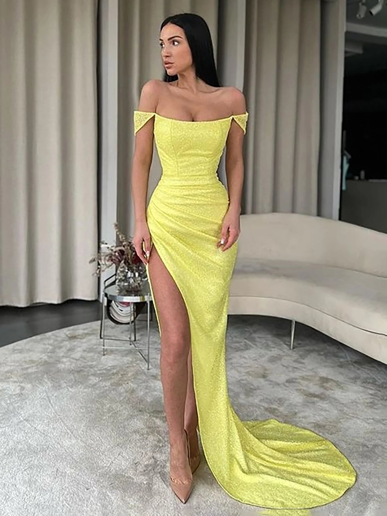 Sheath Yellow Off the Shoulder Long Prom Dress With Slit