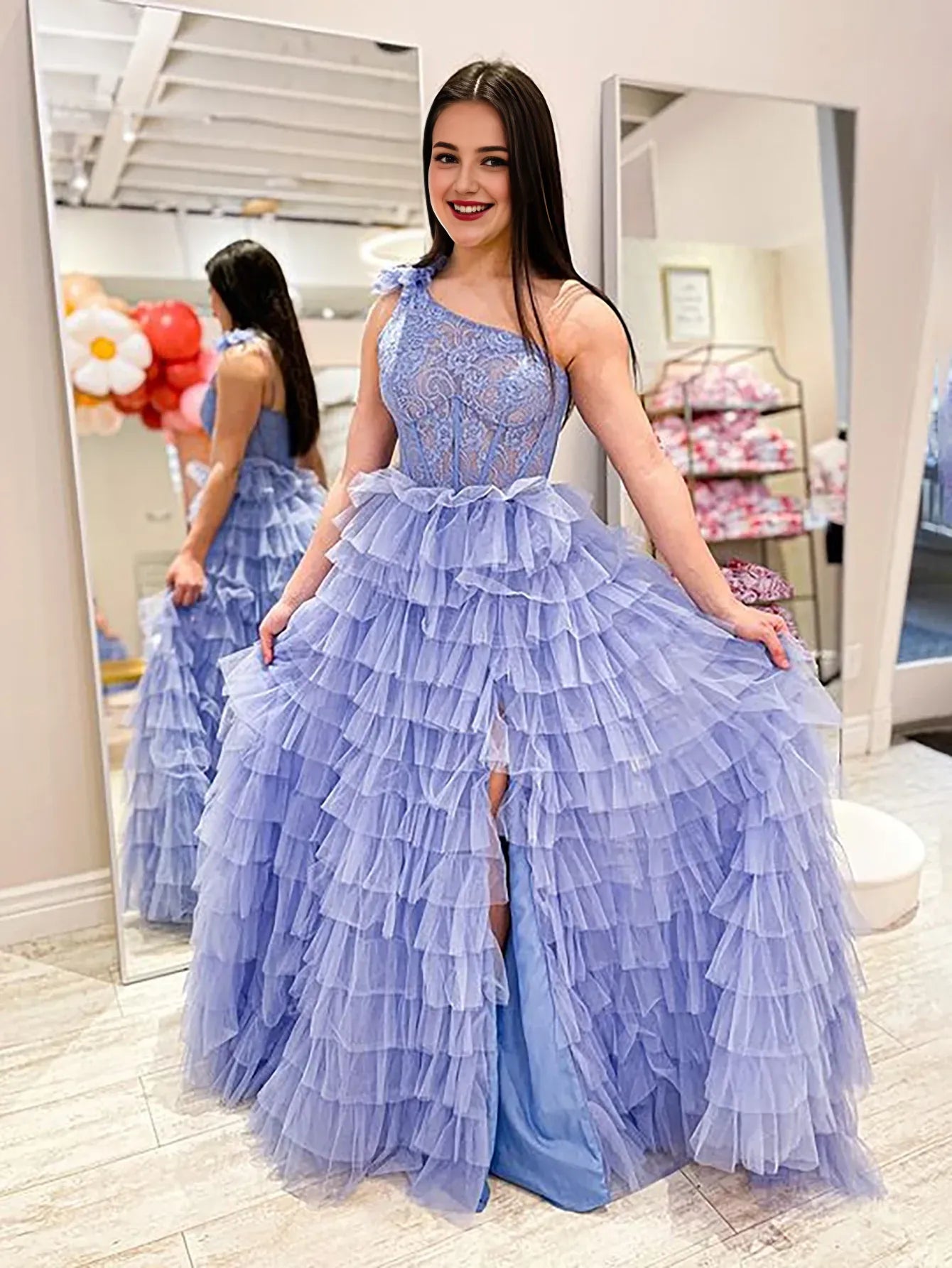 A Line One Shoulder Tulle Layers Long Prom Dress